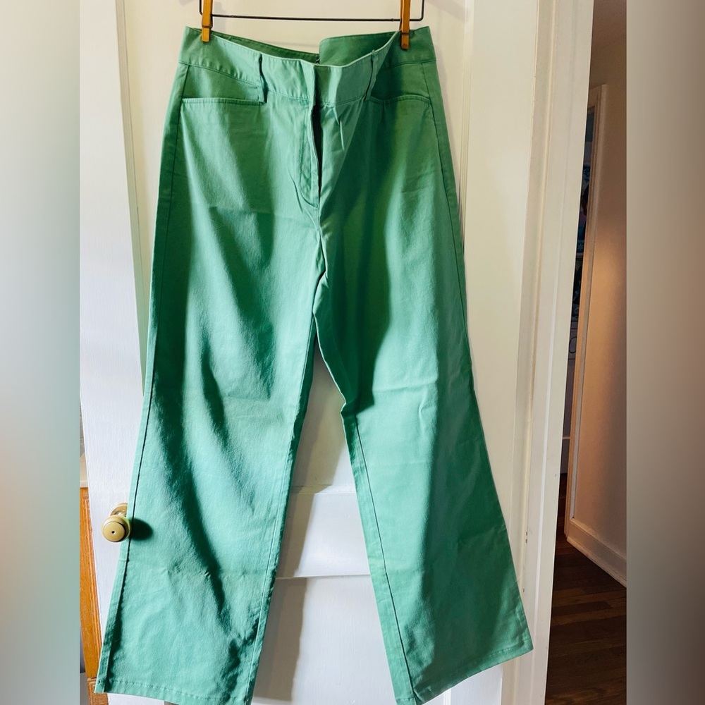 Lands End Womens Pants sz 16 Green Mid Rise Chino Wide Leg